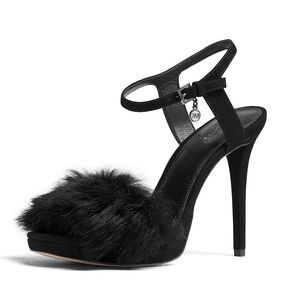 New! MICHAEL KORS Women's Rabbit Fur Trim Black Sexy Heels Open-Toe Pumps NWB